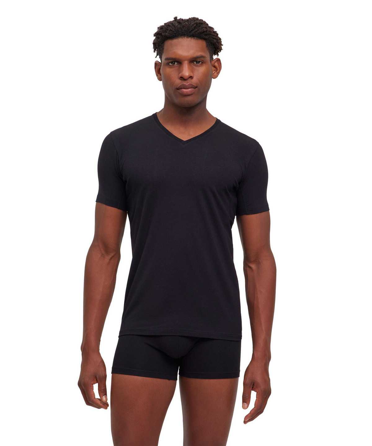 Black Falke T-Shirt V-neck Daily Climate Control Men Short Sleeve Shirts | 685-XLHJCO