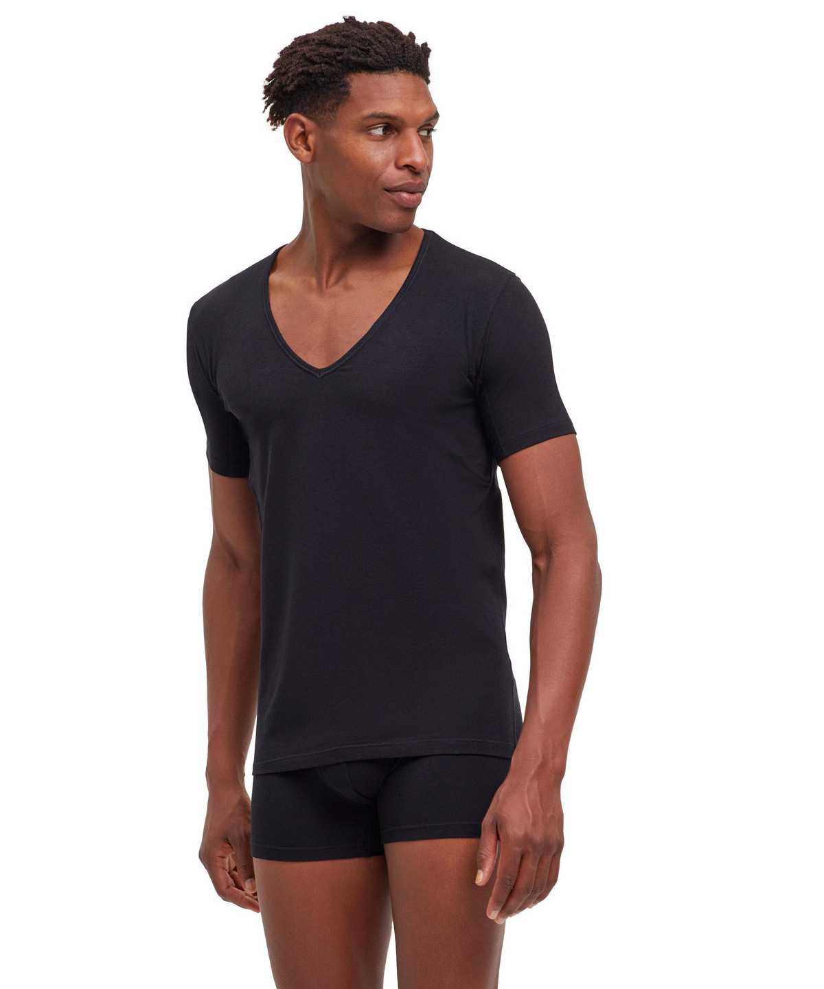 Black Falke T-Shirt V-neck Daily Climate Control Men Short Sleeve Shirts | 279-CKZHWX